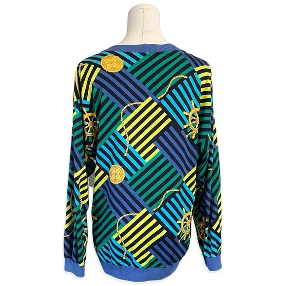 VTG 90s Italian Nautical Cardigan Sweater Womens Size L Blue Gold Button Coastal - Picture 3 of 9